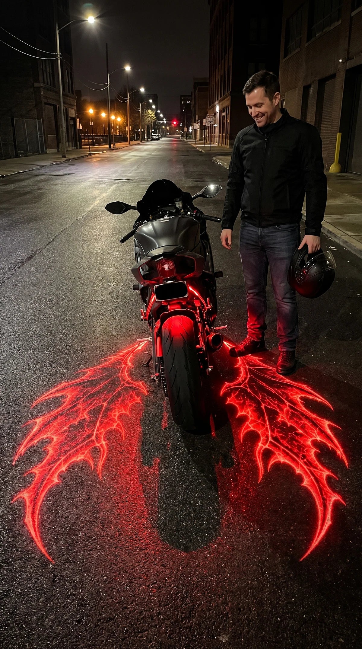 AuraWings motorcycle wing projector in use