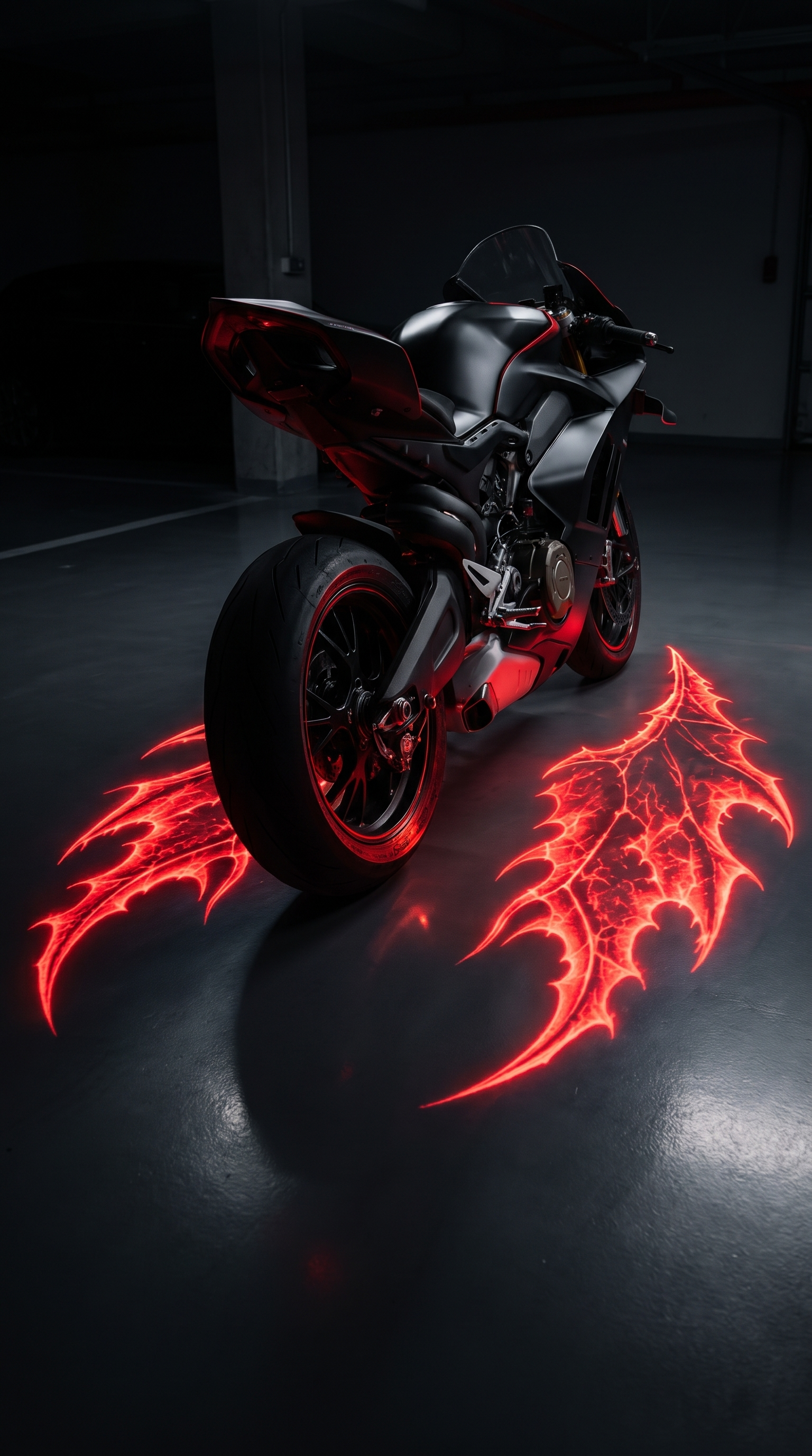 Motorcycle with red wing light projected onto the ground